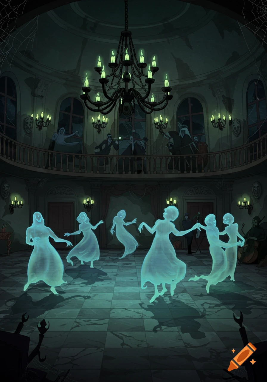 Cartoon illustration of glowing blue ghosts dancing in a dimly lit, cobweb-filled spooky ballroom with green-lit chandeliers.