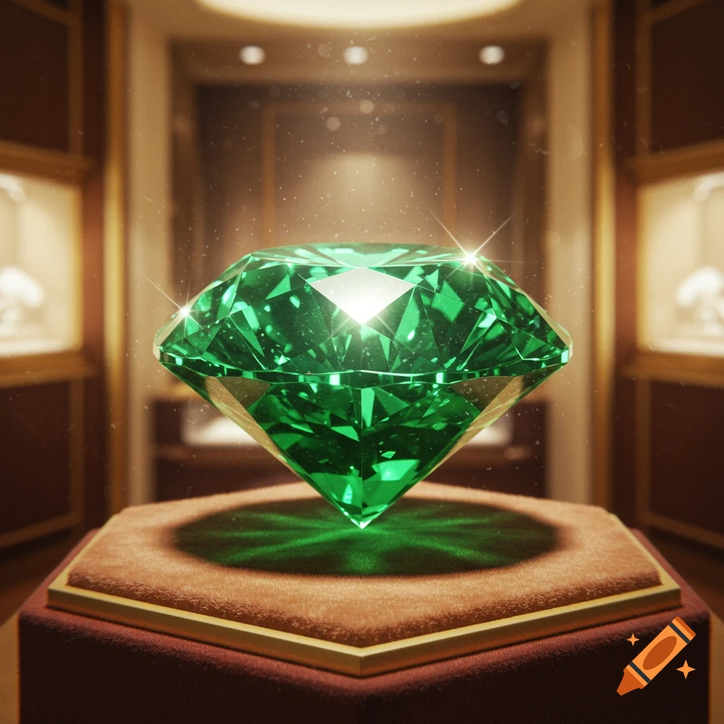A large, sparkling green diamond is displayed on a velvet pedestal in a luxurious setting.