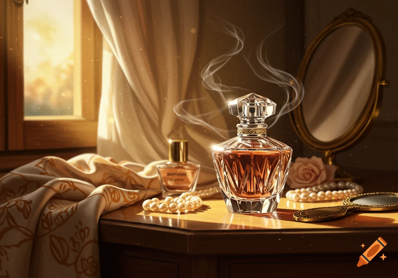 A luxurious still life with a faceted perfume bottle, pearls, and a mirror on a wooden dresser bathed in golden sunlight from a window.