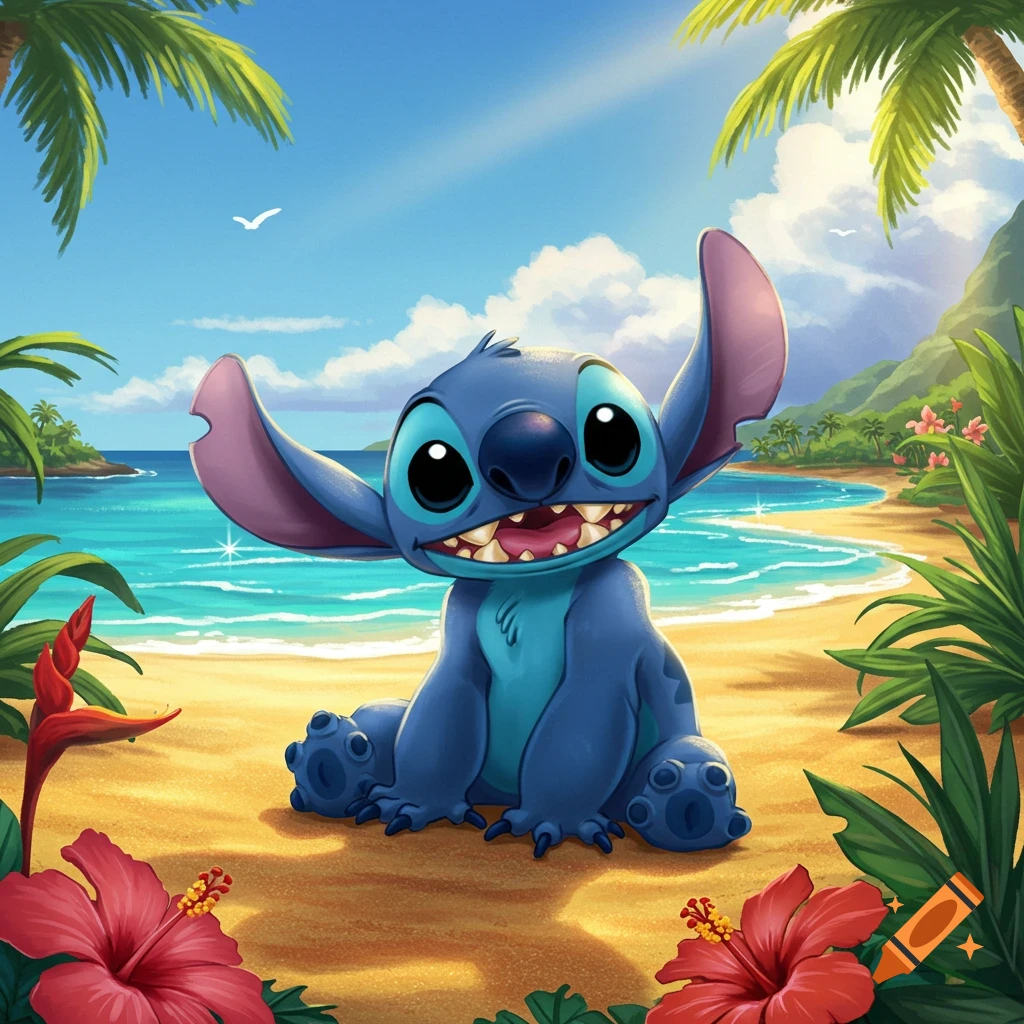 Cute cartoon Stitch sitting on a sandy tropical beach with palm trees and hibiscus flowers.