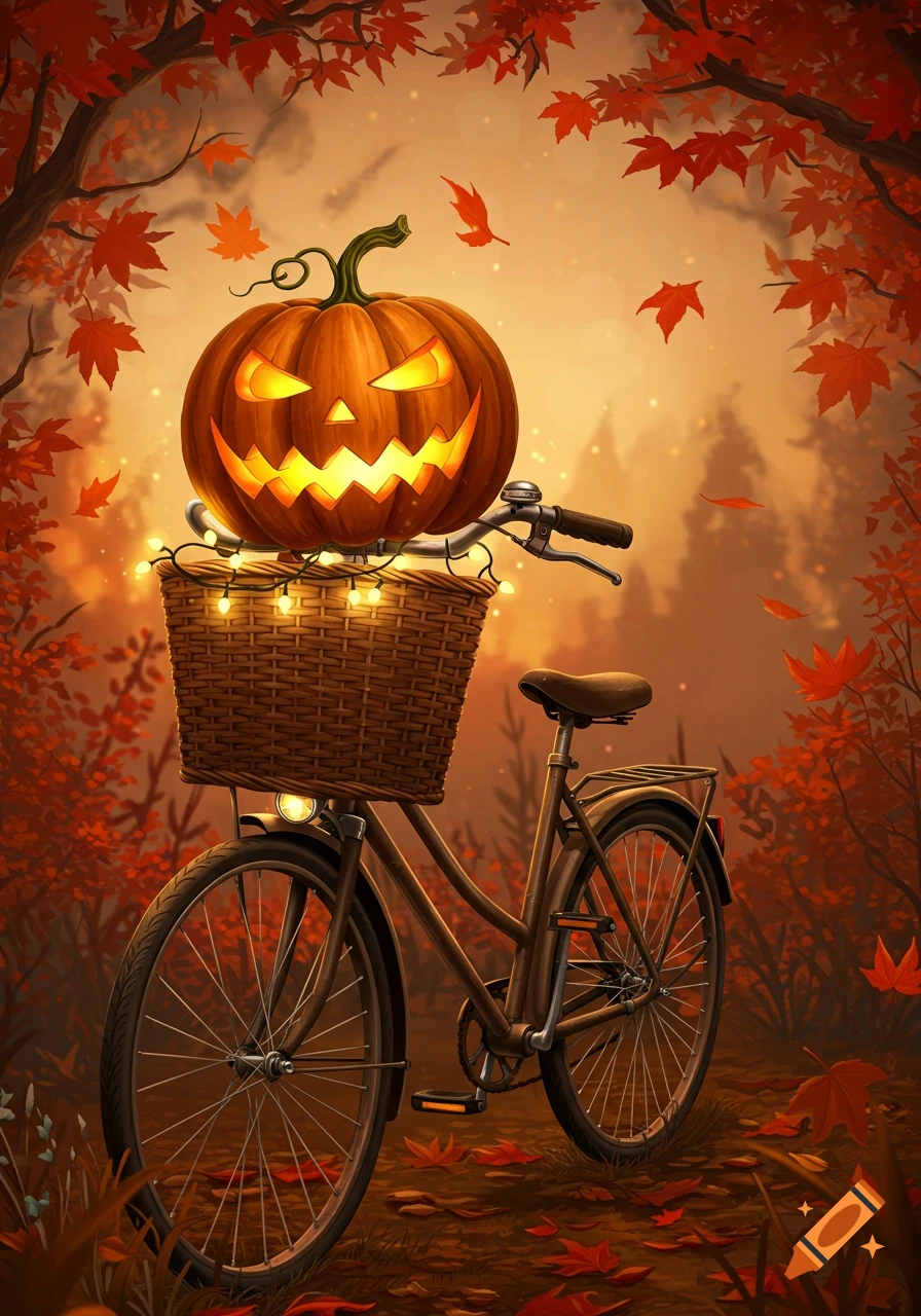 A glowing jack-o'-lantern sits in a front basket of a vintage bicycle surrounded by fall leaves in an autumn forest.