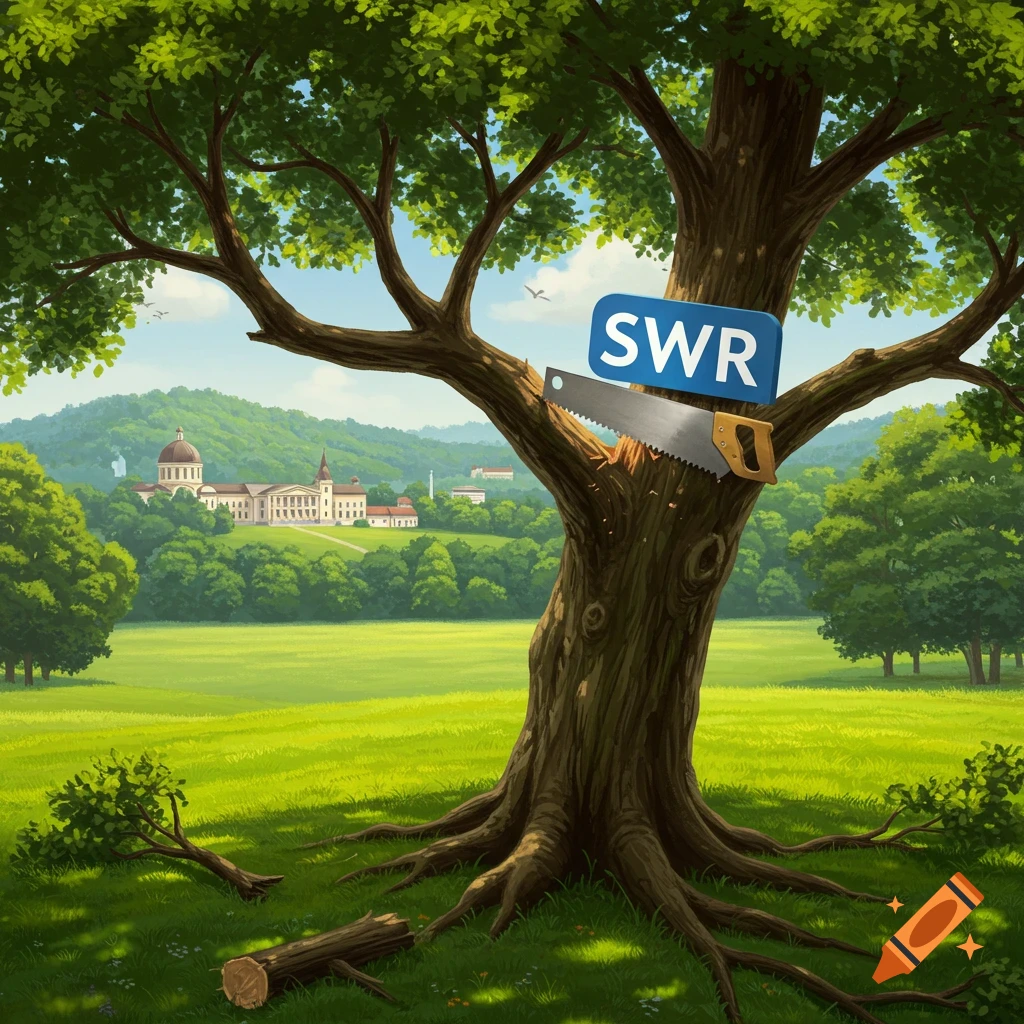 Illustrated allegory of a saw cutting into a large tree's trunk with an SWR sign, set in a green landscape with hills and distant buildings.