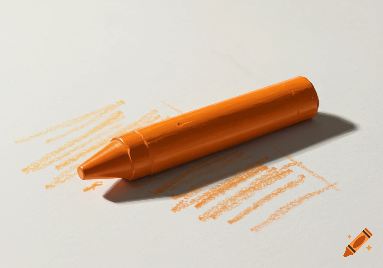 An orange crayon rests on white paper, surrounded by orange crayon scribbles.