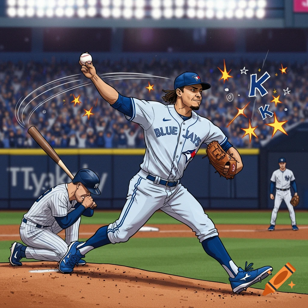 A cartoon image of a Blue Jays pitcher throwing a baseball, as a Yankees batter crouches in the background.