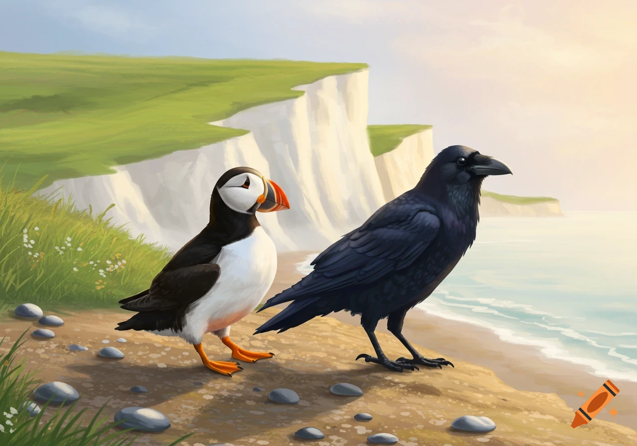A cartoon puffin and a raven stand on a grassy cliff edge overlooking the sea and white cliffs.