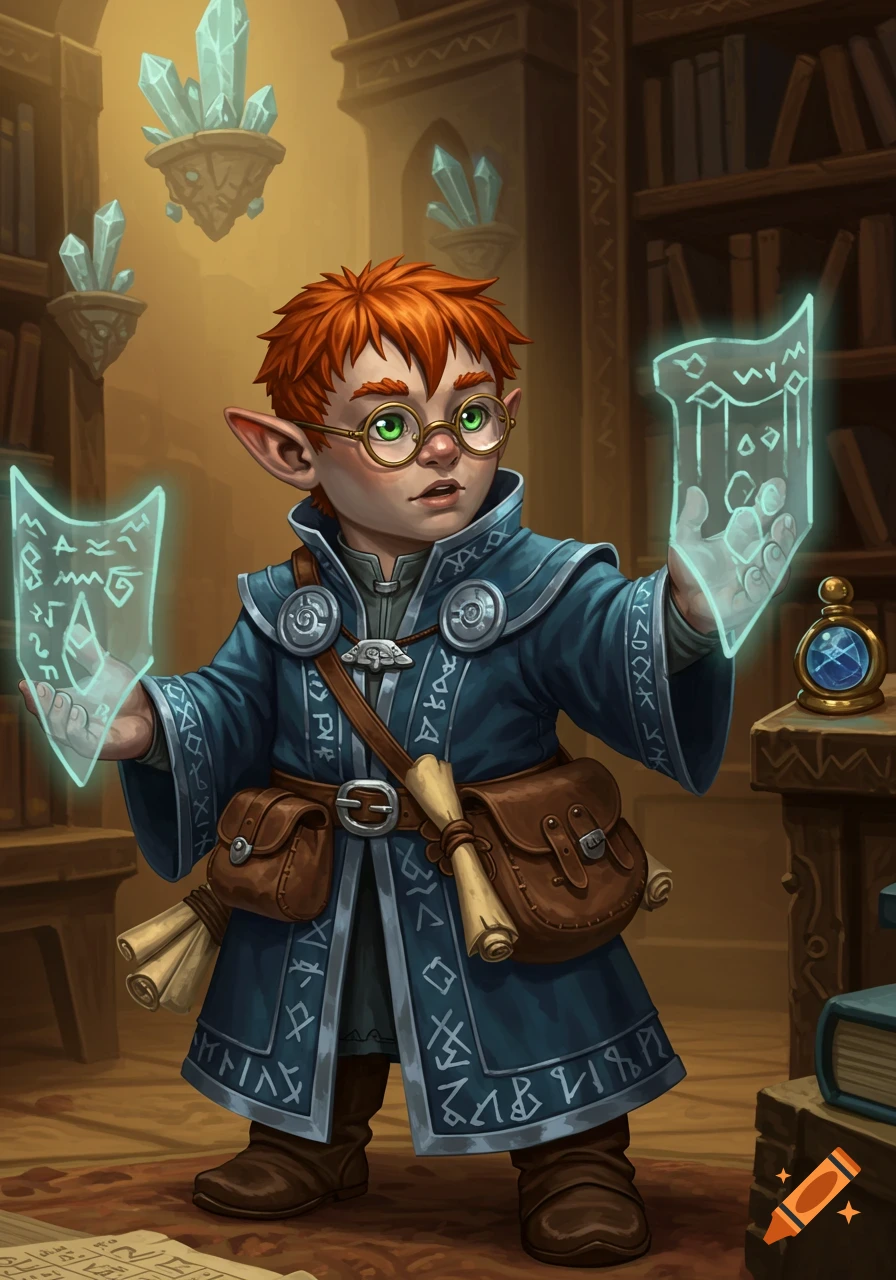A small, red-haired gnome wizard with round spectacles studies glowing magical glyphs in a library with books and floating crystals, detailed fantasy illustration.