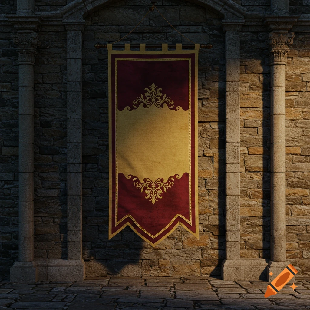 A gold and maroon medieval banner with ornate patterns hangs on a stone wall between two columns.