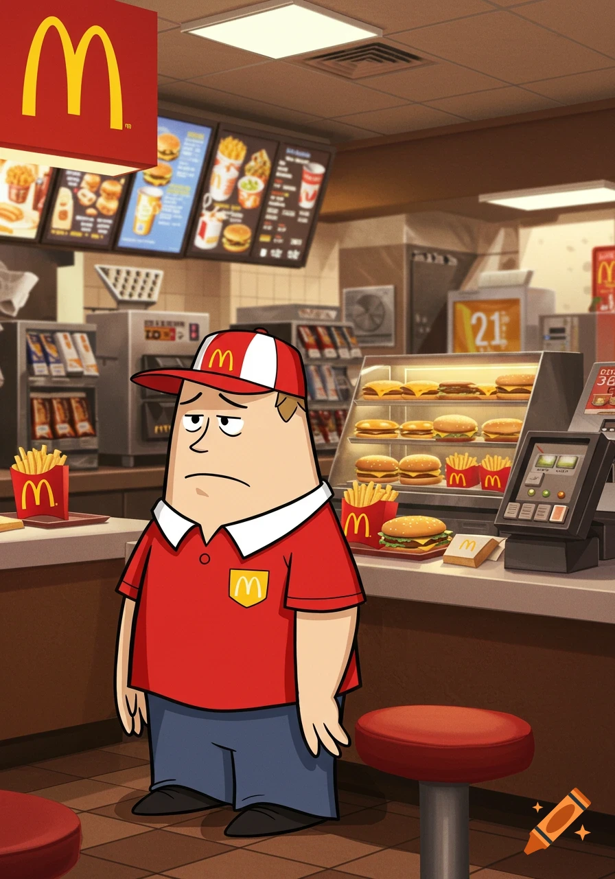 A cartoon character resembling Strong Sad from Homestar Runner, dressed in a red McDonald's uniform, stands in a McDonald's restaurant looking sad.