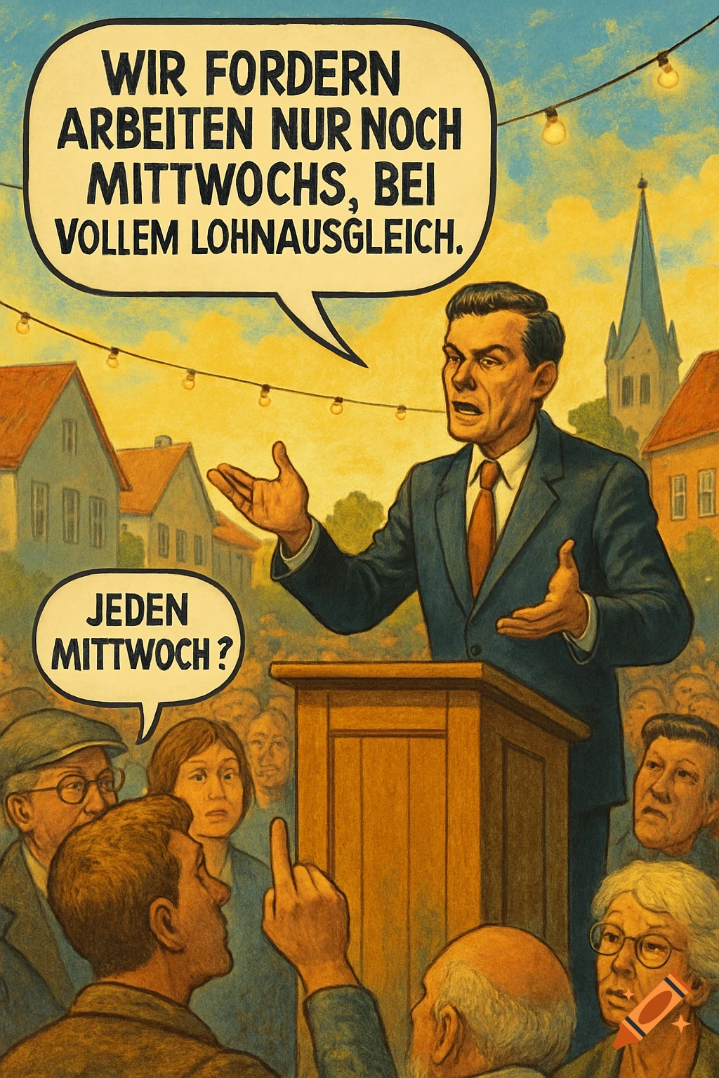 A vintage-style illustration shows a man speaking from a podium to a crowd in a town square, with German text in speech bubbles.