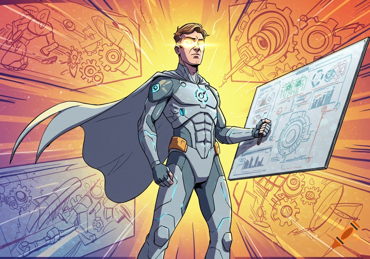 A comic-style superhero with glowing eyes and a cape holds a tablet displaying charts, against a background of mechanical blueprints.