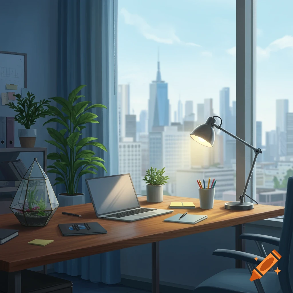 A modern office desk with a laptop, plants, and a lamp, overlooking a bright city skyline from a large window, in an illustrated style.