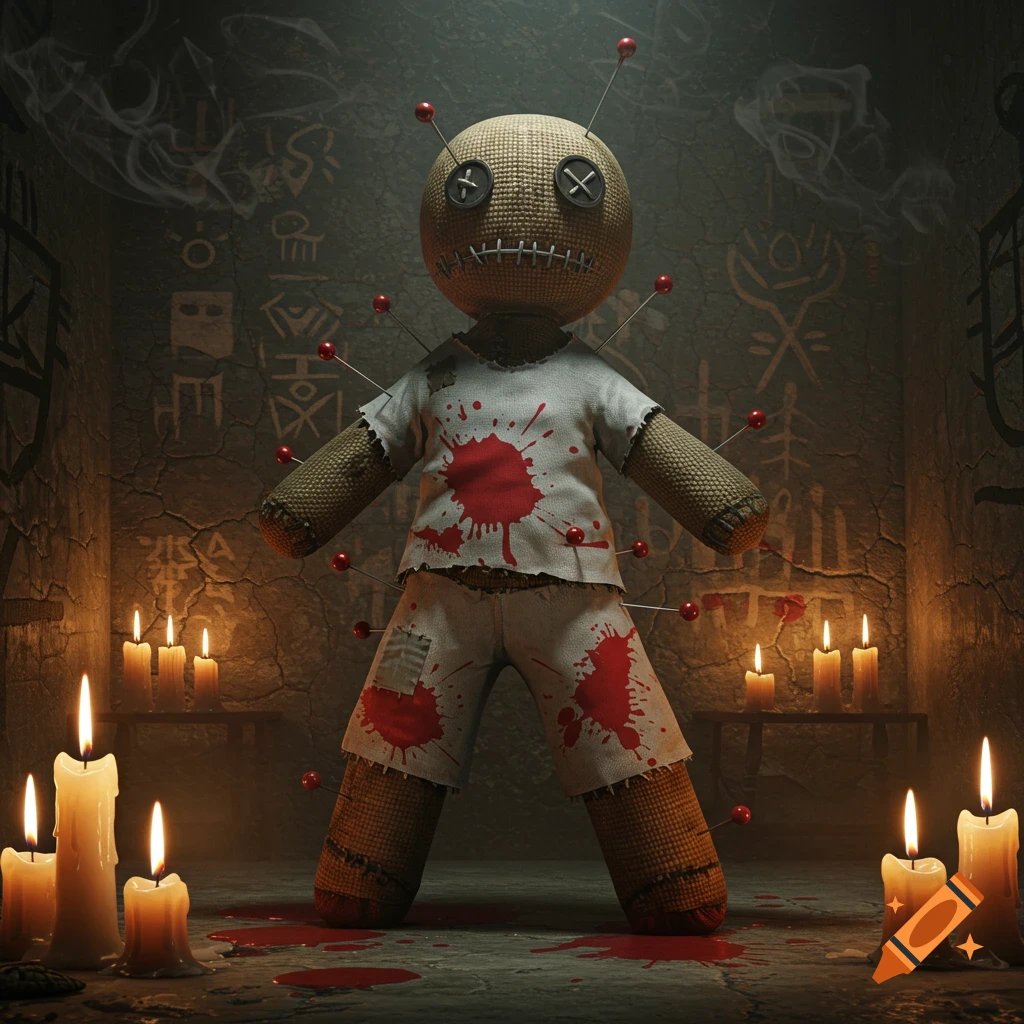 A creepy voodoo doll stands in a candlelit room, covered in red splatters and pierced with numerous pins. Mystical symbols adorn the walls.