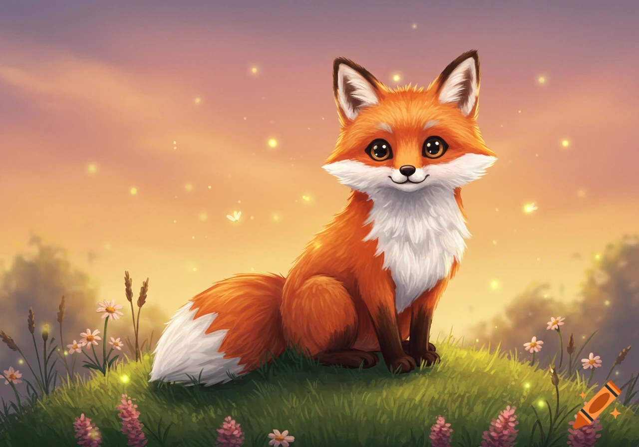 A cute cartoon fox with big eyes sits on a grassy hill with flowers under a sparkling orange and purple sunset sky.