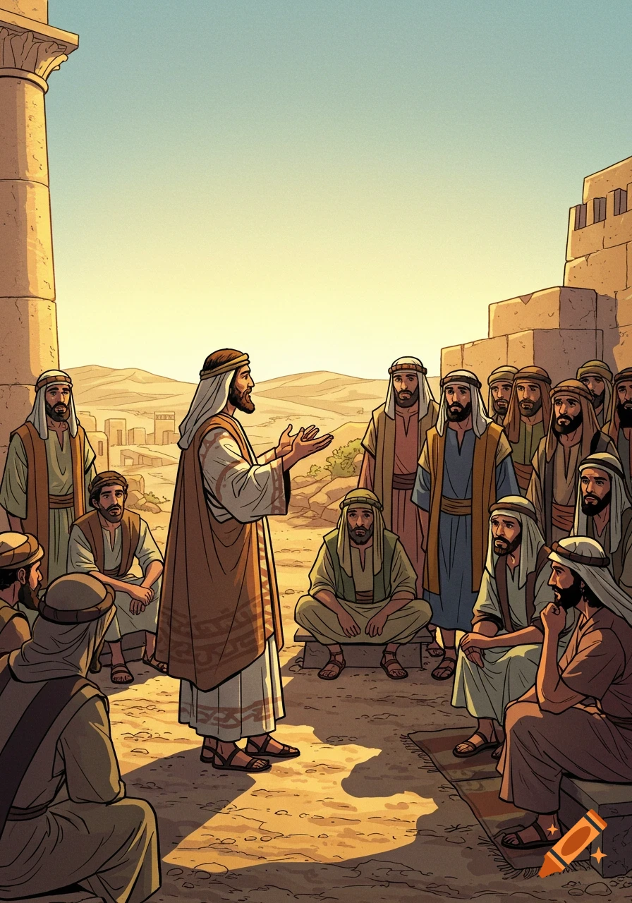 A man in traditional robes speaks to a crowd of intently listening people in a desert, ancient Middle Eastern setting, depicted in a graphic novel style.