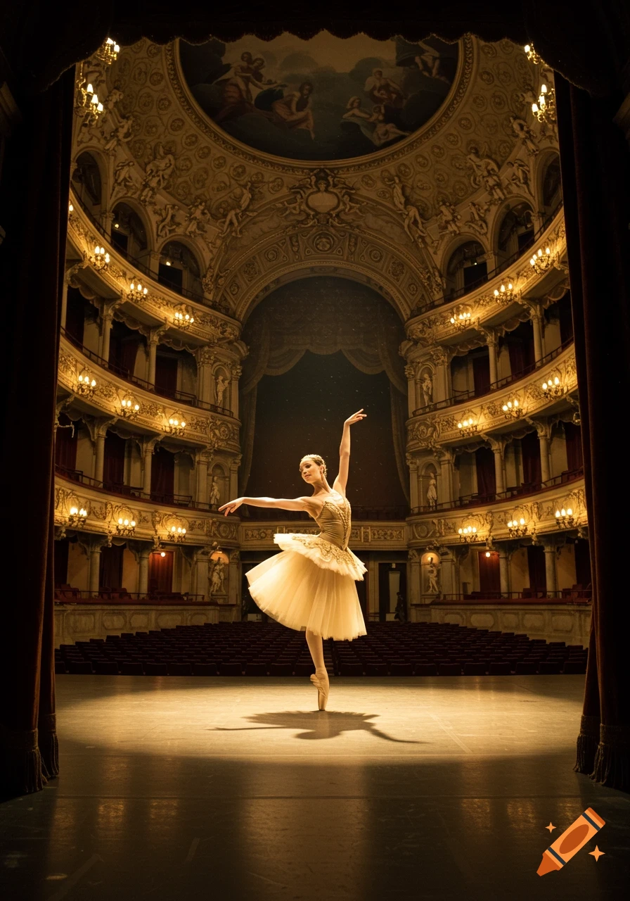 A ballerina in a golden tutu on pointe, posing on a spotlighted stage in a grand, ornate theatre, photorealistic.