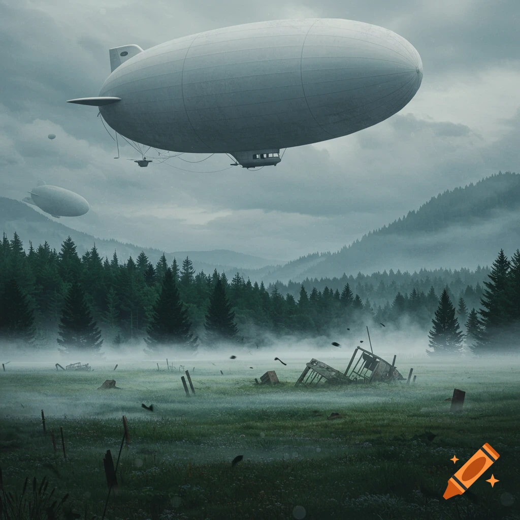 A large blimp floats above a misty, decaying field with a dense forest and mountains in the background, under a cloudy sky.