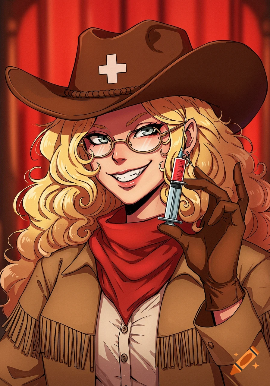 Anime-style illustration of a blonde cowboy woman with glasses, an evil smile, and a cross on her hat, holding a syringe.