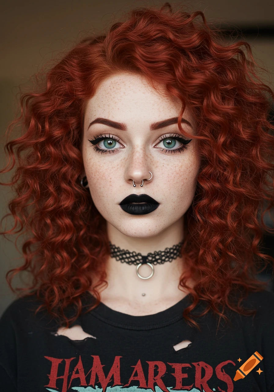 Photorealistic portrait of a young woman with red curly hair, freckles ...