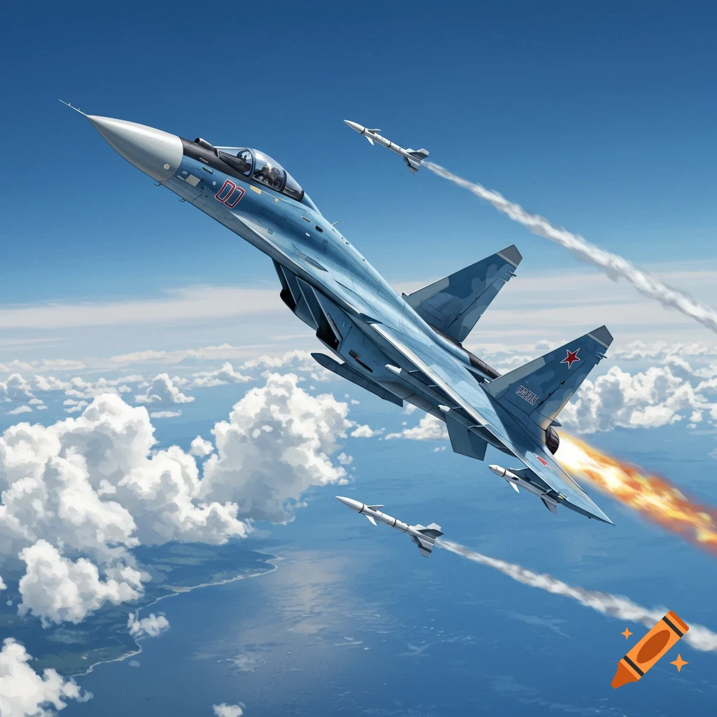 A blue Sukhoi Su-33 fighter jet flies high above clouds and ocean, launching missiles, with engine exhaust glowing.
