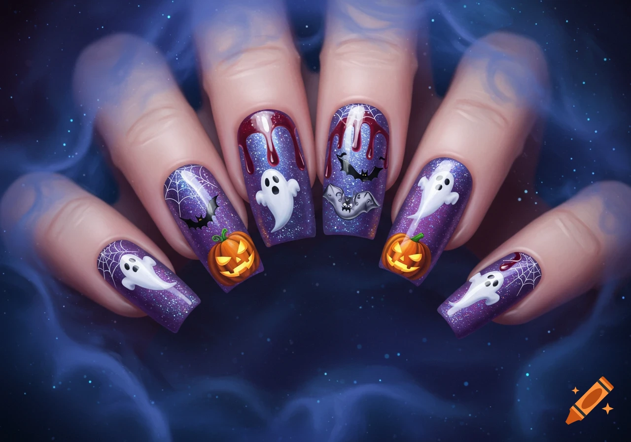 Close-up of hands with festive Halloween nail art featuring ghosts, pumpkins, bats, spiderwebs, and dripping blood on sparkling purple nails.