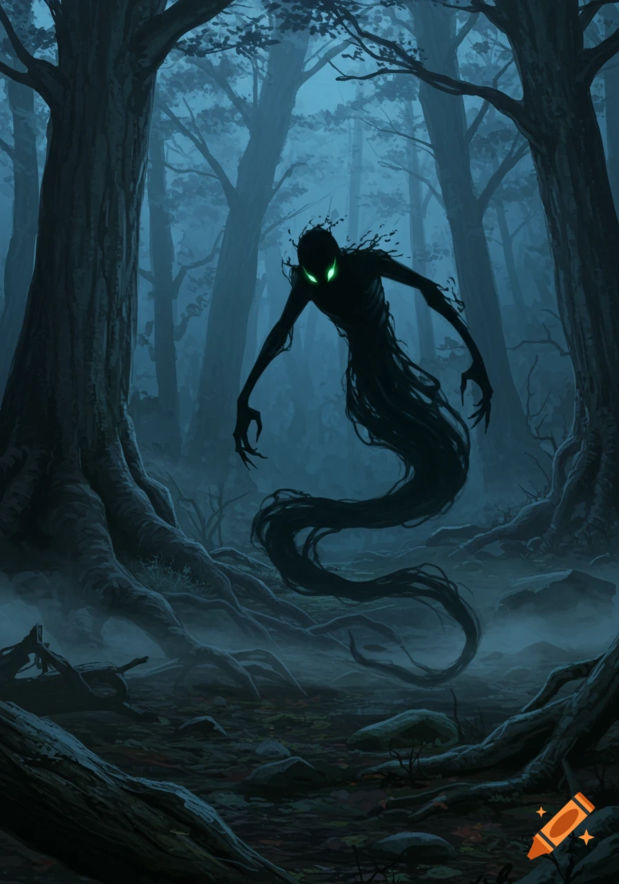 A shadowy ghost with glowing green eyes lurks in a dark, misty forest ...