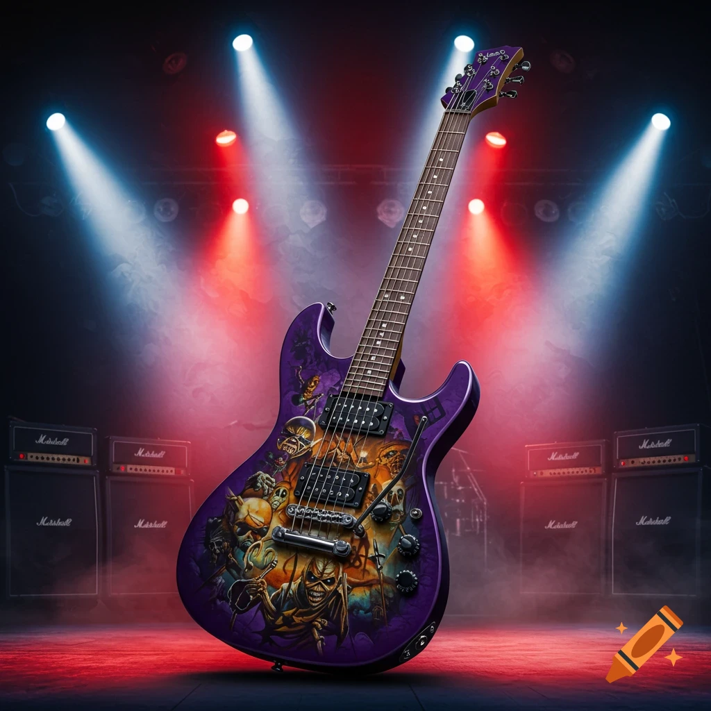 Purple electric guitar with Iron Maiden artwork on a spotlighted stage with Marshall amplifiers.