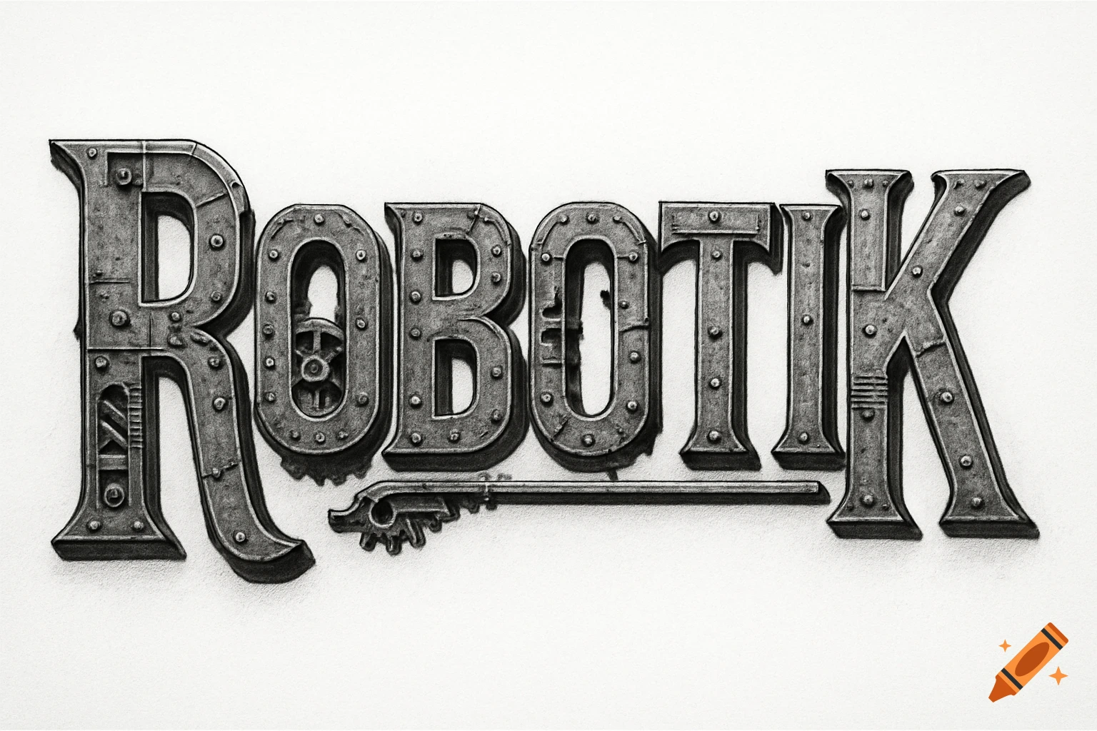 The word 'ROBOTIK' rendered in a grayscale, industrial, steampunk-style metallic font with rivets and gears on a white background.