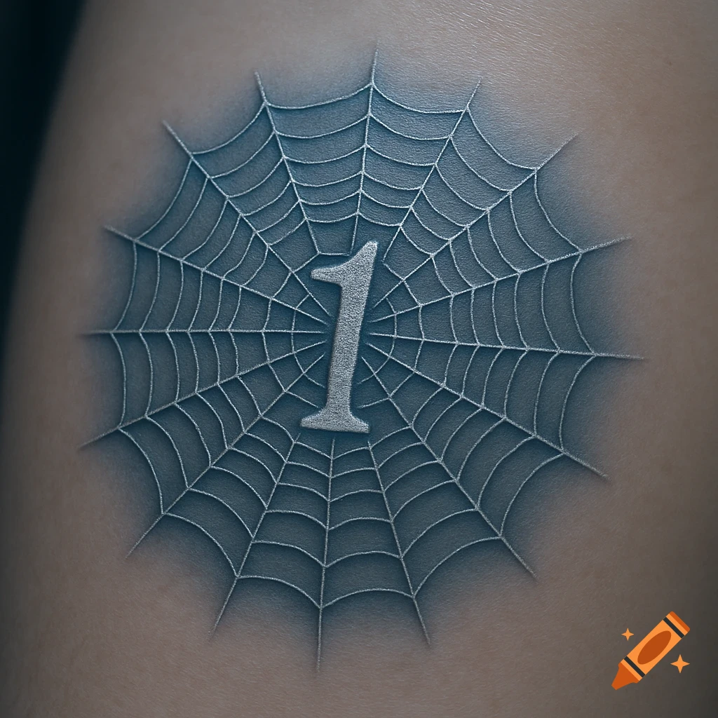 A realistic tattoo of a silver number 1 centered within a spider web on skin.