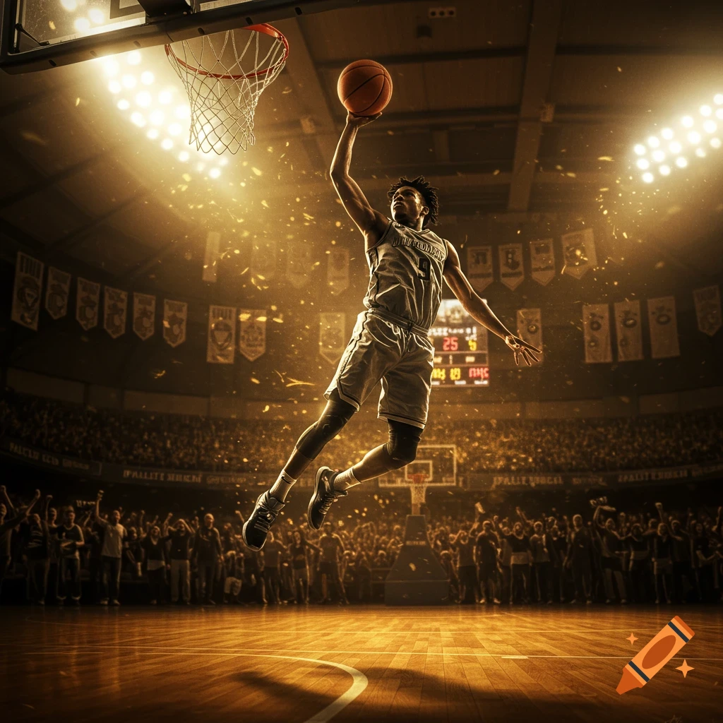 Photorealistic image of a basketball player in mid-air, about to dunk in a brightly lit stadium with a cheering crowd.