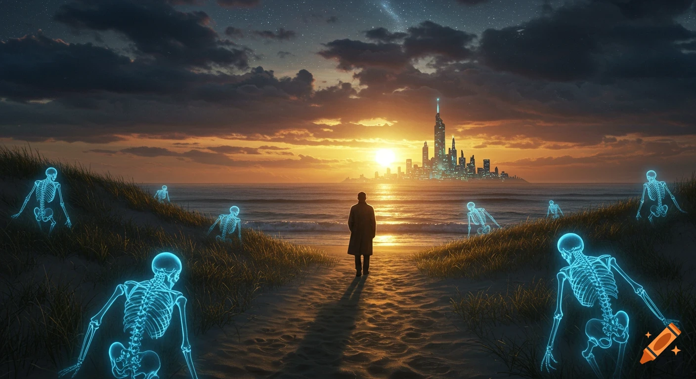 A man walks on a sandy beach path towards a glowing futuristic city at ...