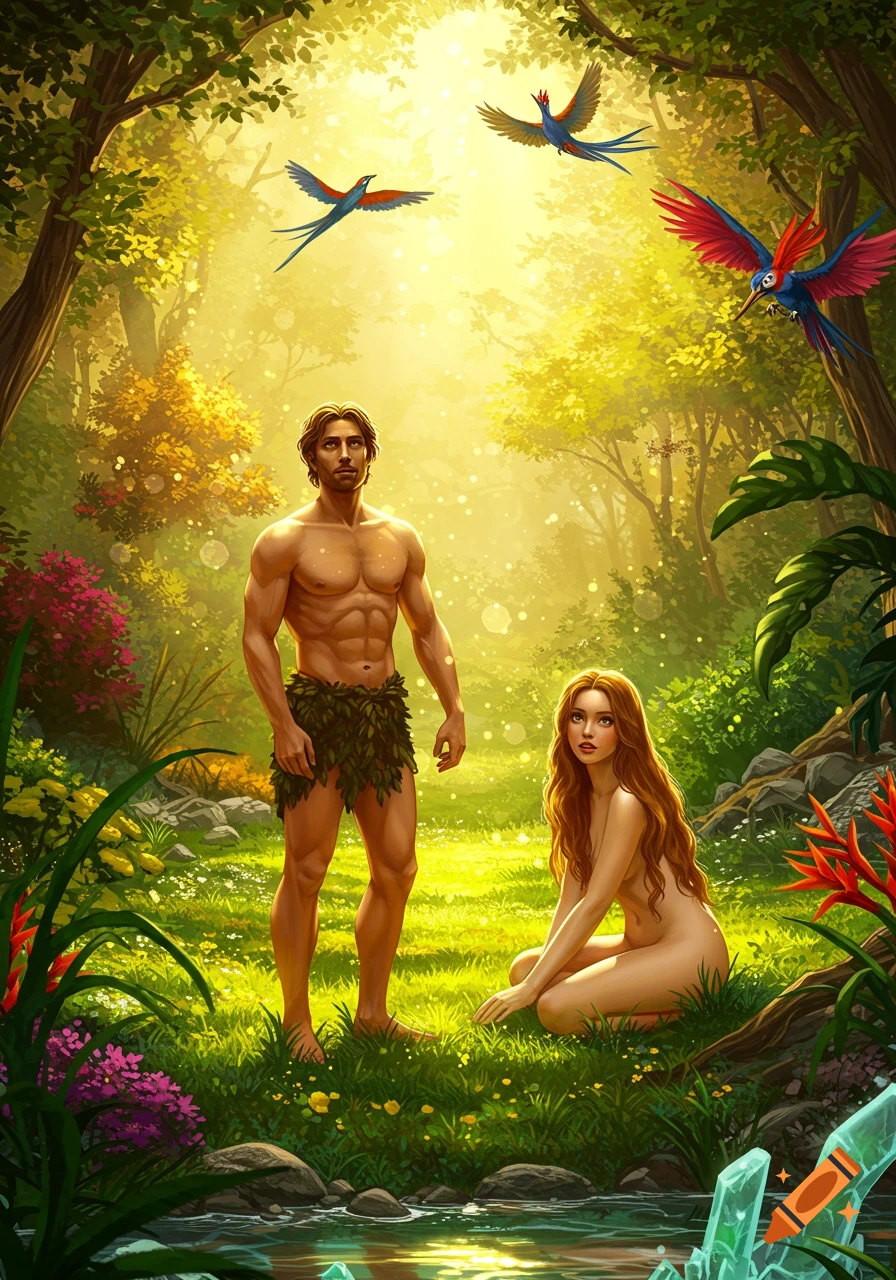 Adam and Eve stand in a lush, bright Garden of Eden with colorful birds flying above. A stream flows at their feet.