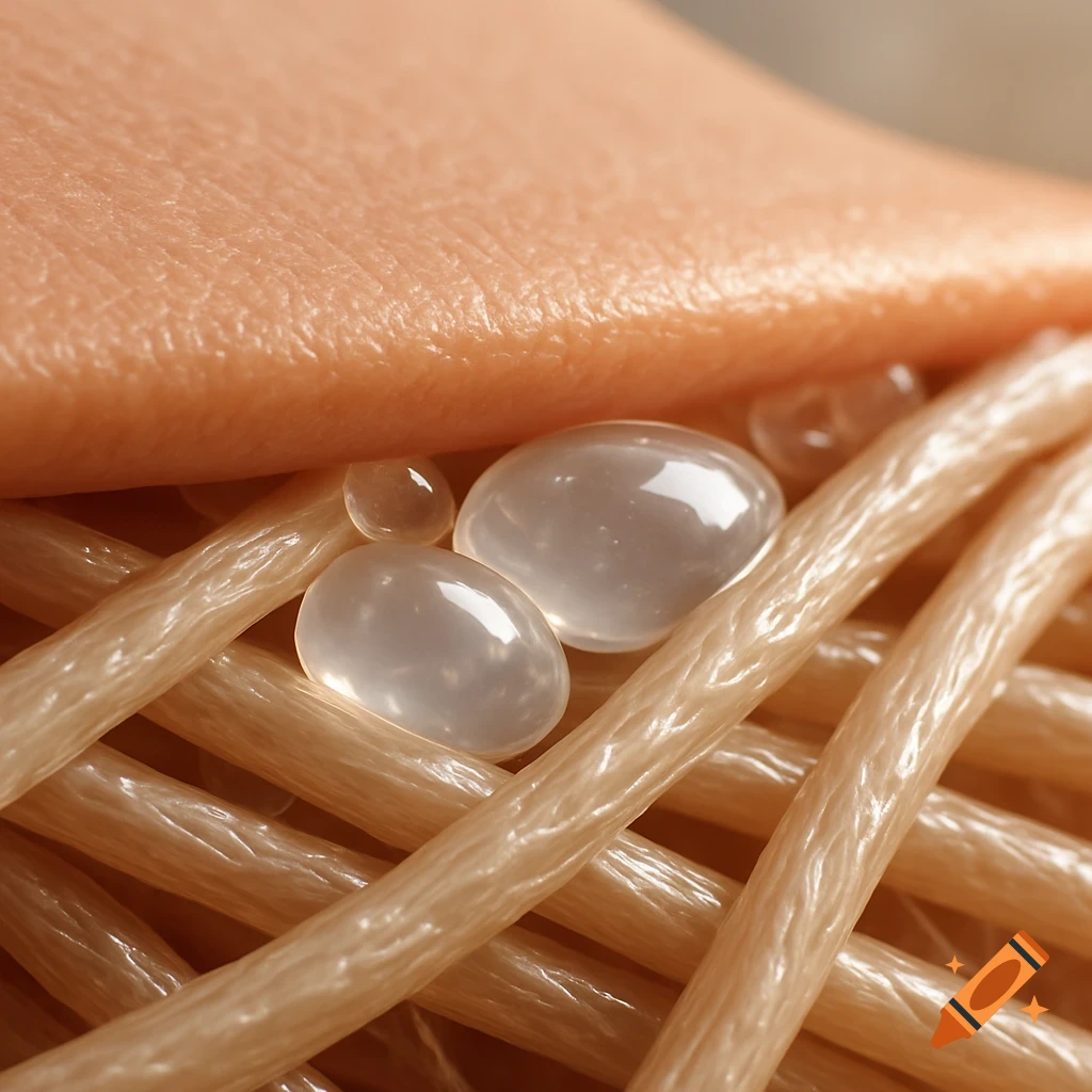 Photorealistic macro view of human skin with translucent droplets on intertwined fibers.