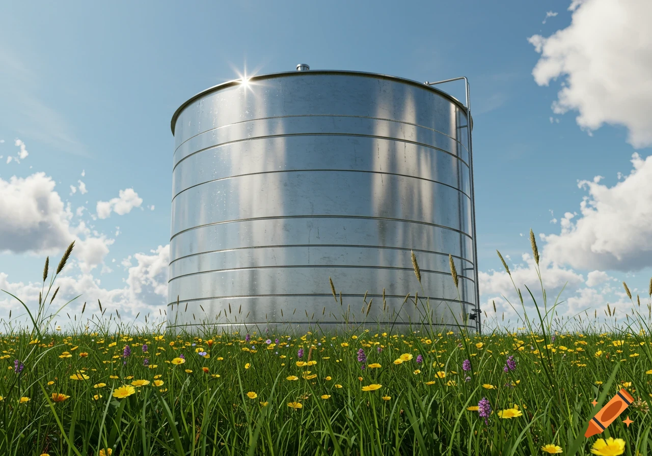 A large, silver metallic water tank stands in a vibrant green field filled with yellow and purple wildflowers under a sunny blue sky.