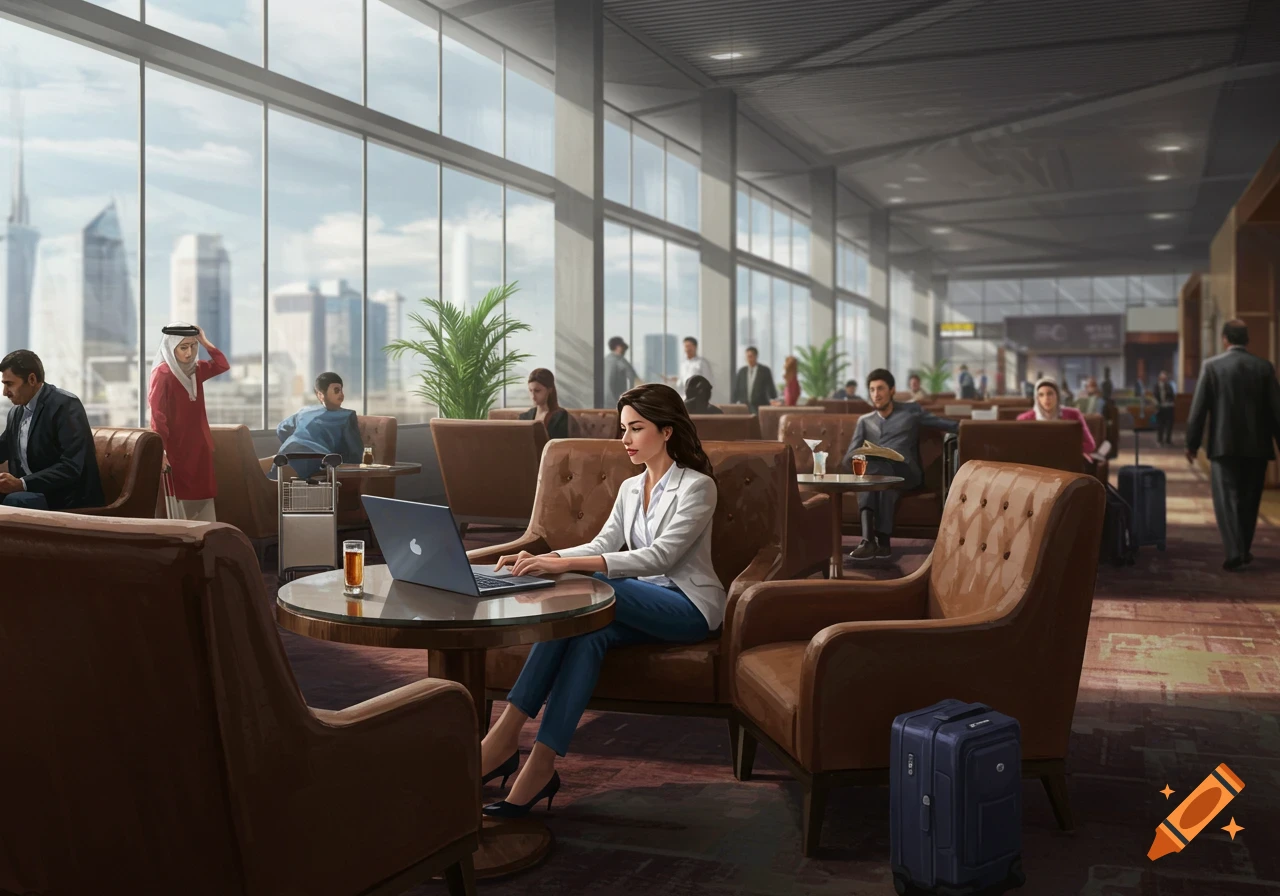 A businesswoman works on a laptop in a bustling airport lounge with large windows overlooking a city skyline.