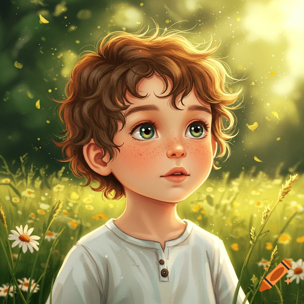 A whimsical illustration of a young boy with curly brown hair and green ...
