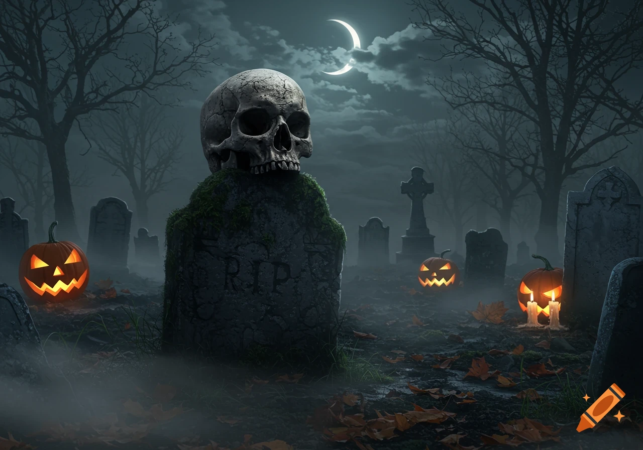 A skull rests on a mossy gravestone in a foggy, moonlit cemetery with jack-o'-lanterns and barren trees.