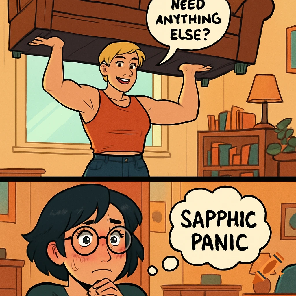 A two-panel comic. In the top panel, a strong blonde woman lifts a couch overhead, smiling, with a speech bubble "NEED ANYTHING ELSE?". In the bottom panel, a dark-haired woman with glasses blushes, with a thought bubble "SAPPPHIC PANIC".