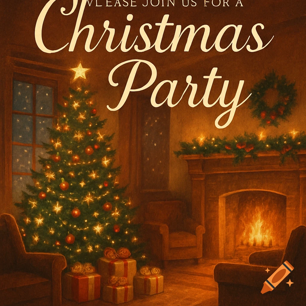 A festive living room with a decorated Christmas tree, glowing fireplace, presents, and armchairs. The text 'PLEASE JOIN US FOR A Christmas Party' is overlaid.