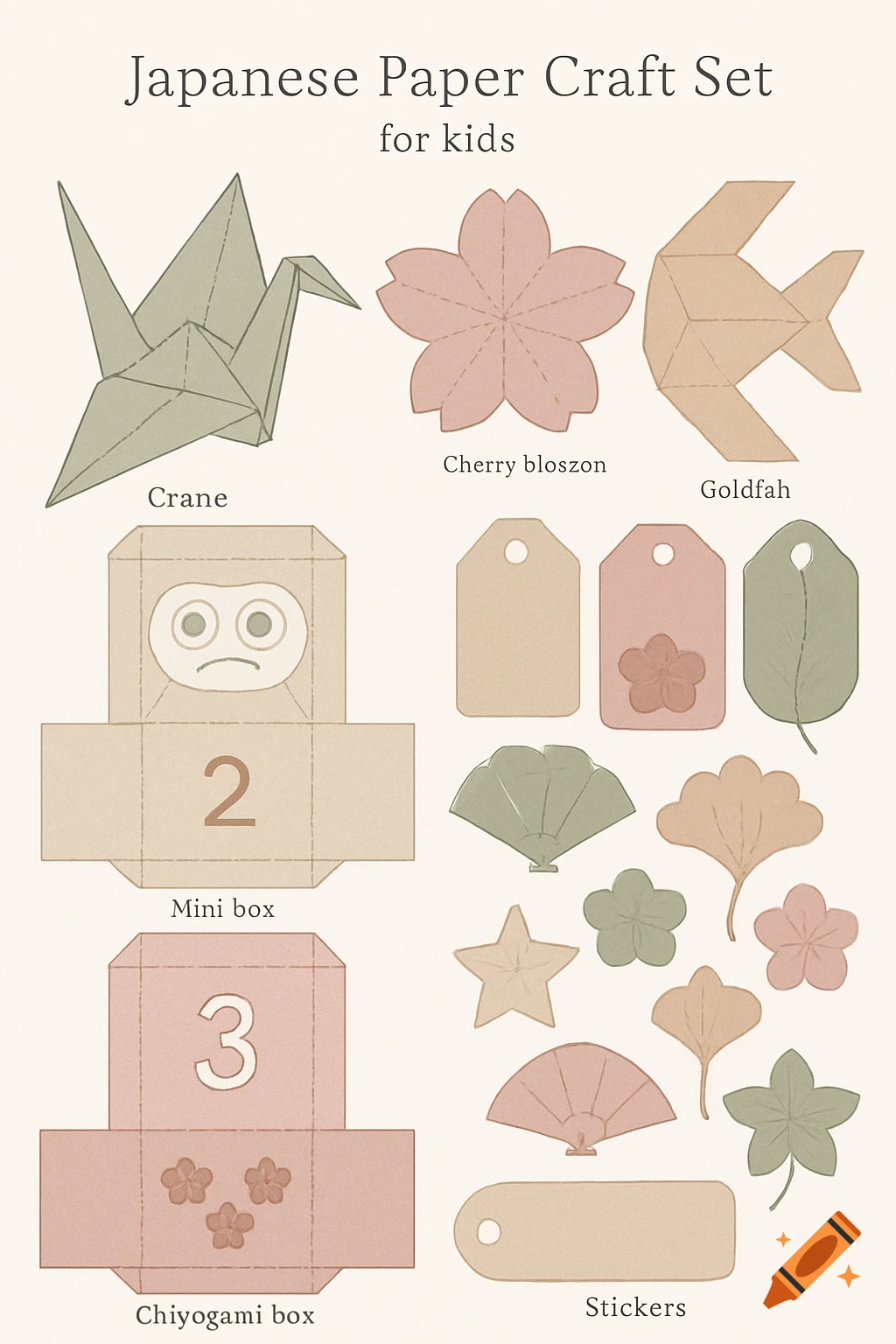 A minimalist Japanese paper craft set for kids, featuring origami templates (crane, cherry blossom, goldfish), mini boxes, gift tags, and stickers in soft pastel colors.