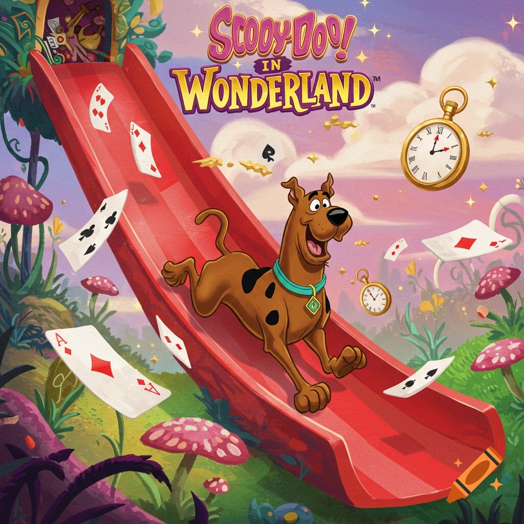 Cartoon poster of Scooby-Doo sliding happily down a red slide in a fantastical Wonderland with playing cards and clocks floating.