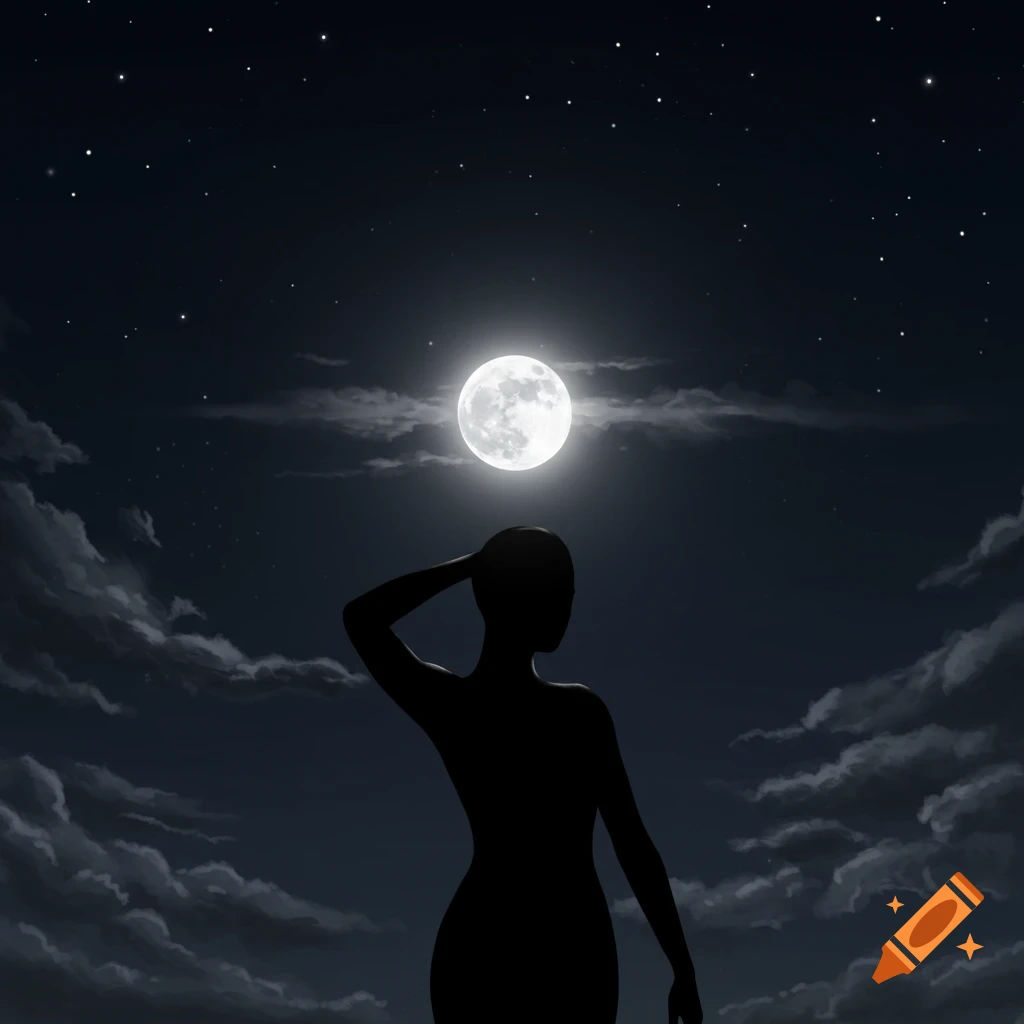 Silhouette of a person admiring a bright full moon in a dark, starry night sky with clouds.