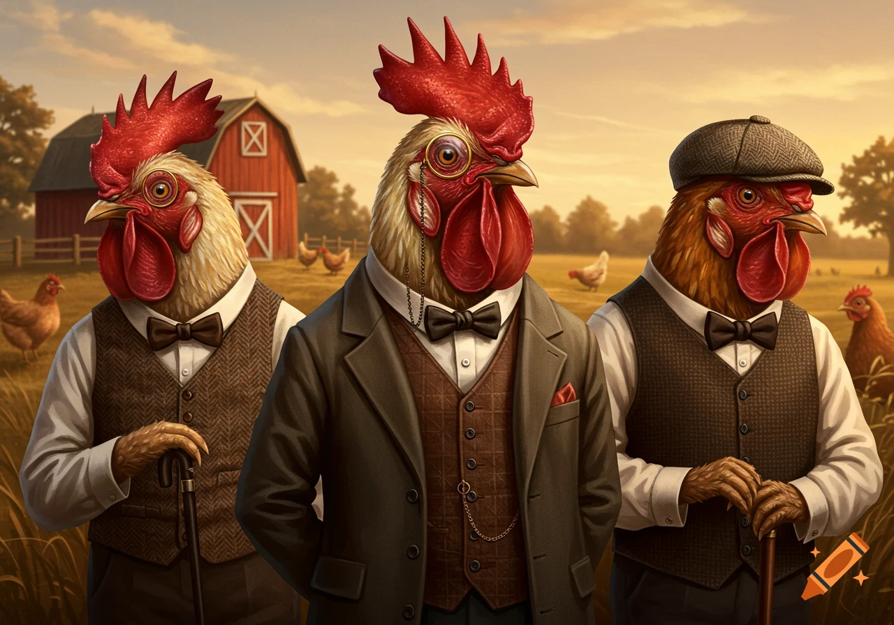 Three anthropomorphic roosters in vintage suits, one with a monocle, stand with canes on a farm with a red barn.