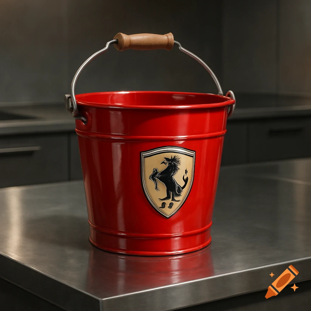 A shiny red bucket with a black prancing horse emblem on a shield, sitting on a metallic counter in a modern kitchen.