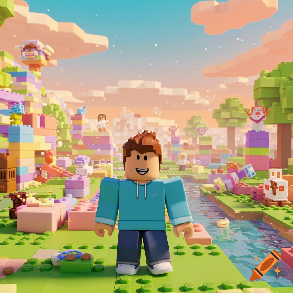 A Roblox-style character stands in a vibrant, blocky landscape with colorful structures, a river, and a pastel sky.