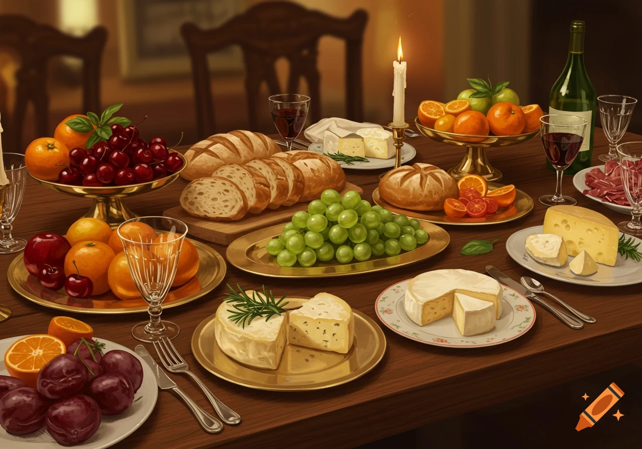 A rustic banquet table laden with cheeses, various fruits, sliced bread, a bottle of wine, and a lit candle.