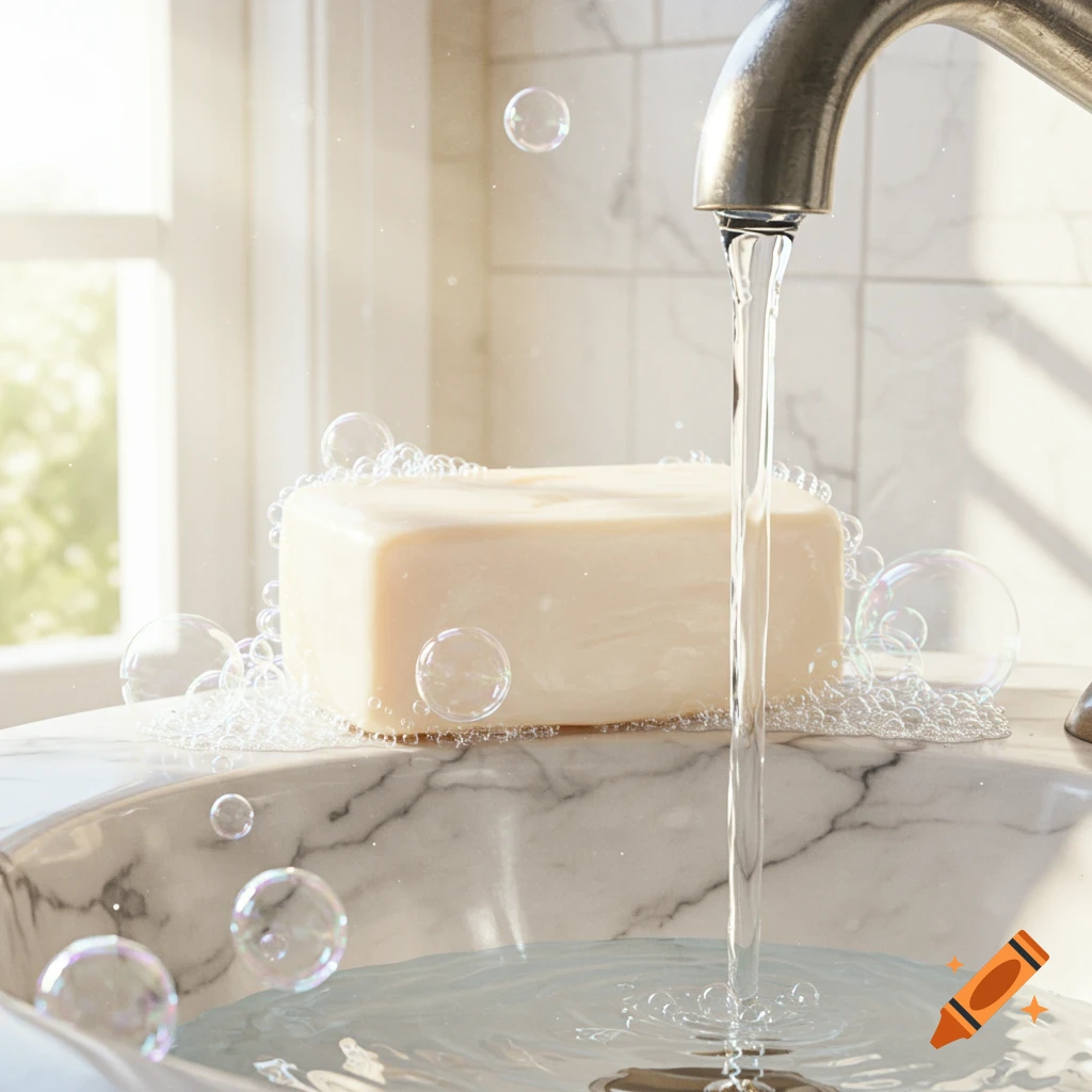 Photorealistic image of a bar of soap and bubbles under running water in a marble bathroom sink.