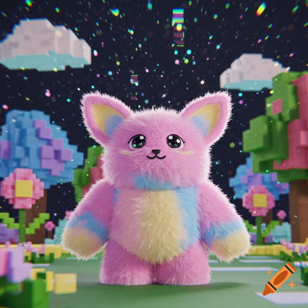 A pastel pink and blue fluffy creature with big eyes stands in a vibrant voxel art landscape under a starry sky with colorful light effects.