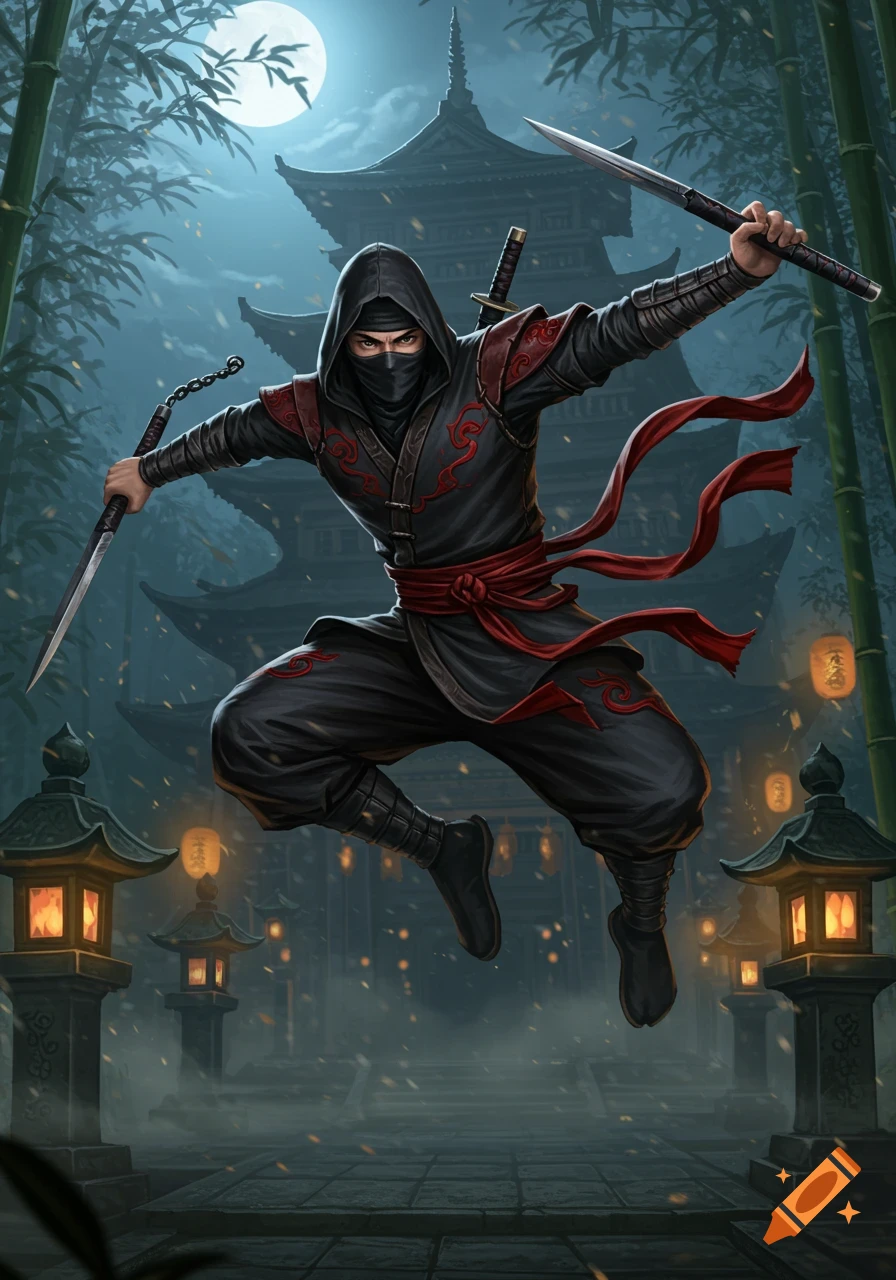 A ninja in black and red leaps with swords against a moonlit pagoda, bamboo, and glowing lanterns at night.