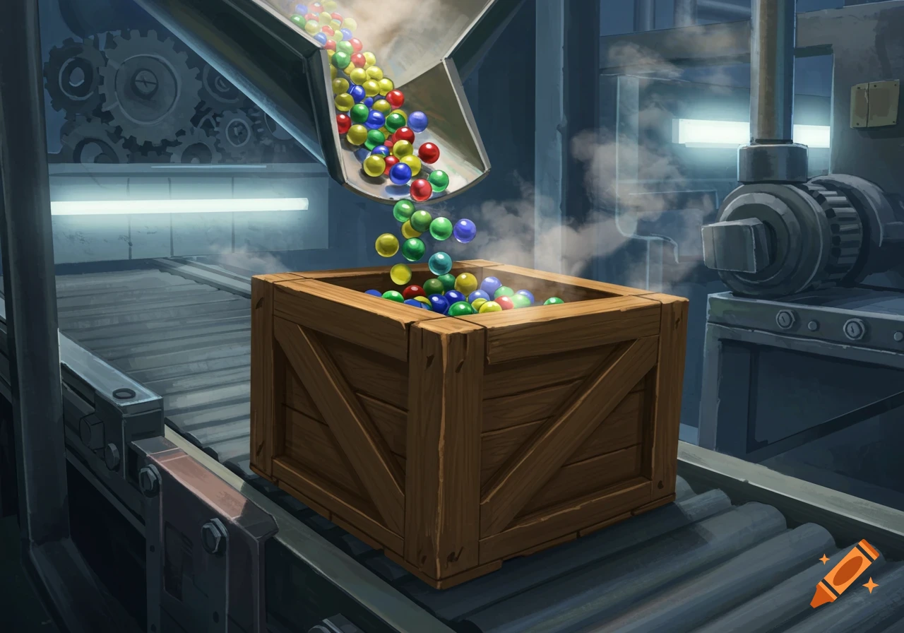 A wooden crate on a conveyor belt is filled with colorful red, green, blue, and yellow balls in a stylized factory setting.