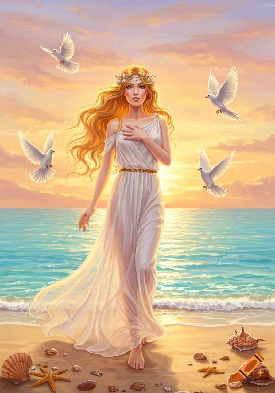 An illustration of a goddess with long blonde hair in a white dress walking on a beach at sunset, surrounded by doves and seashells.